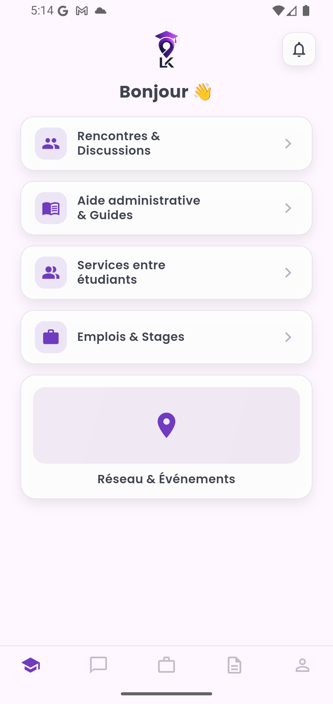 Écran d'accueil avec menu principal LinKampus